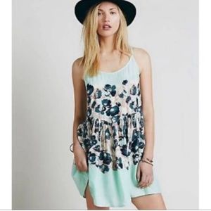 Soft watercolor floral mint mini spaghetti strap fit & flow day or night dress